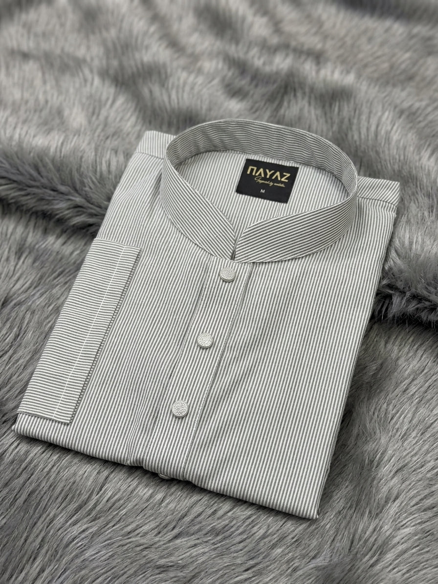 Classic Grey Fine-Striped Men's Panjabi